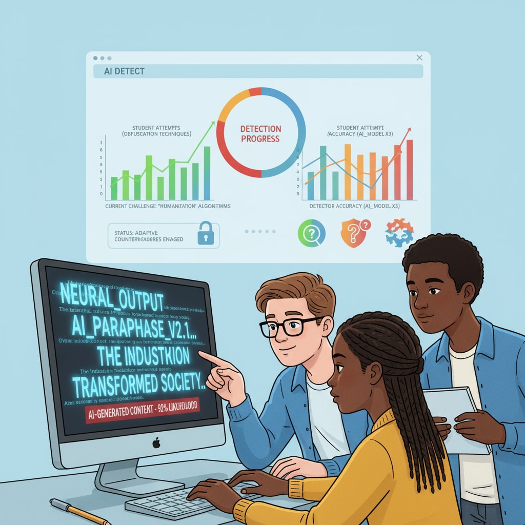 A scene shows students using a computer where AI-generated text is visible on the screen, and in the background, there is an interface of an AI detector, indicating the ongoing struggle between students trying to bypass detection and the detector's function. Students attempting to bypass AI detectors by using manual input of AI-generated content