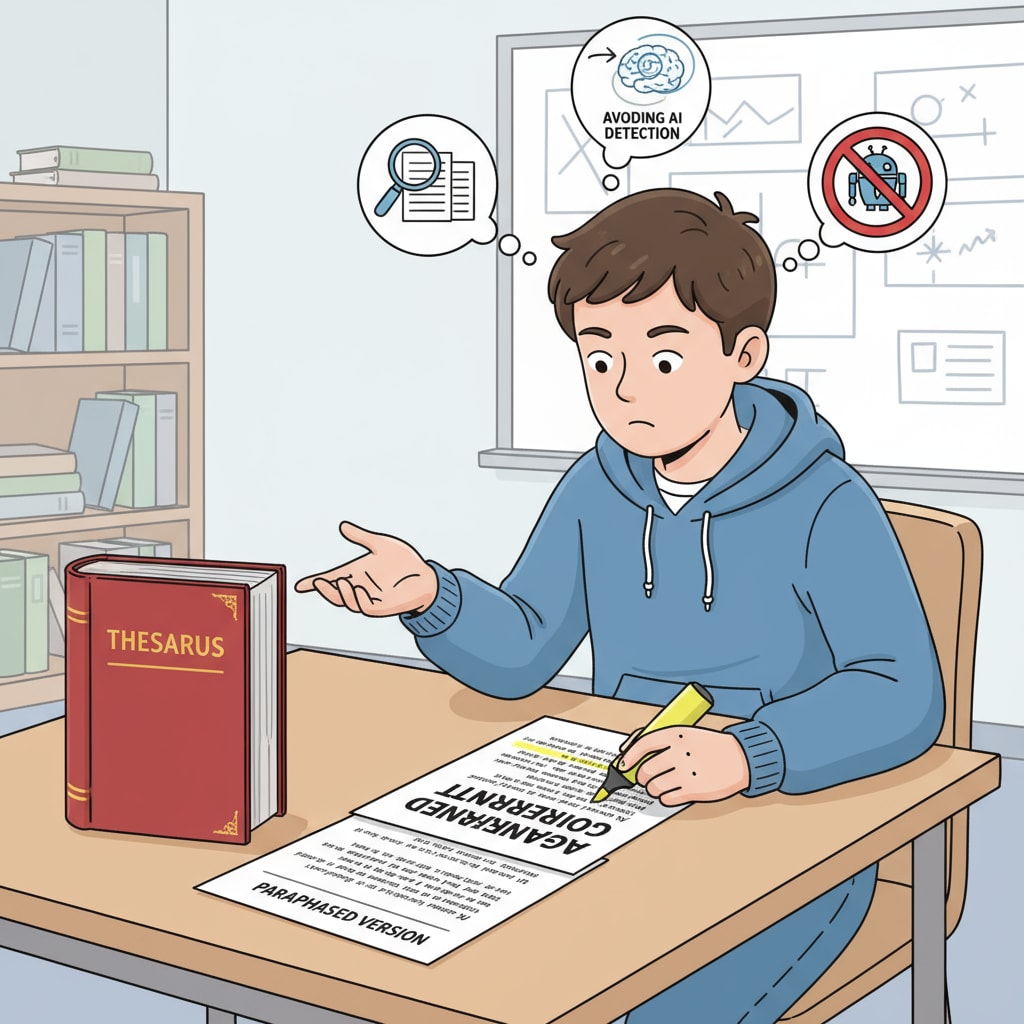 A student is sitting at a desk, highlighting text on a paper and using a thesaurus to paraphrase AI-generated content, representing the common practice of content paraphrasing as a way to avoid AI detector detection. Student engaged in content paraphrasing to avoid AI detector