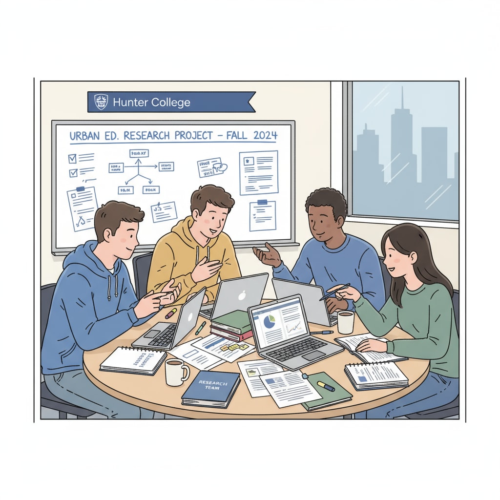 A group of Hunter College students are sitting around a table, discussing and planning their urban education research project. Papers and laptops are scattered on the table, showing their dedication to the task. Hunter College students planning their urban education research project through virtual interviews