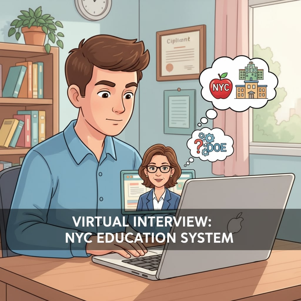 A student is sitting in front of a laptop, engaged in a virtual interview with an educator. The screen shows the educator on the other end, and both are focused on the conversation about the NYC education system. Student conducting a virtual interview with an educator for the urban education research project