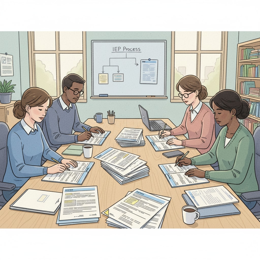 A group of special education educators sitting around a table, looking intently at IEP documents spread out in front of them. Special education educators facing reading comprehension challenges with IEP documents