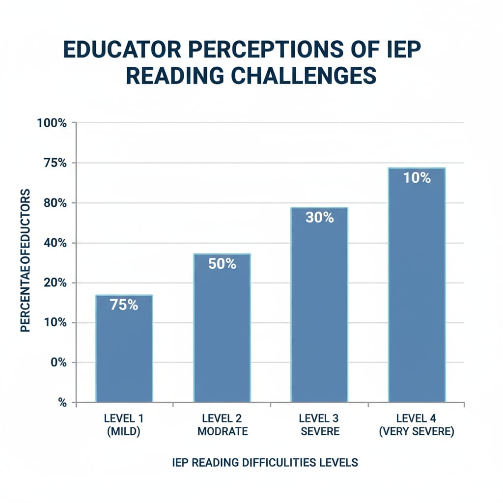 A bar graph with the y-axis showing the percentage of educators and the x-axis indicating different levels of IEP reading difficulties. Graph depicting the prevalence of IEP reading difficulties among special education educators
