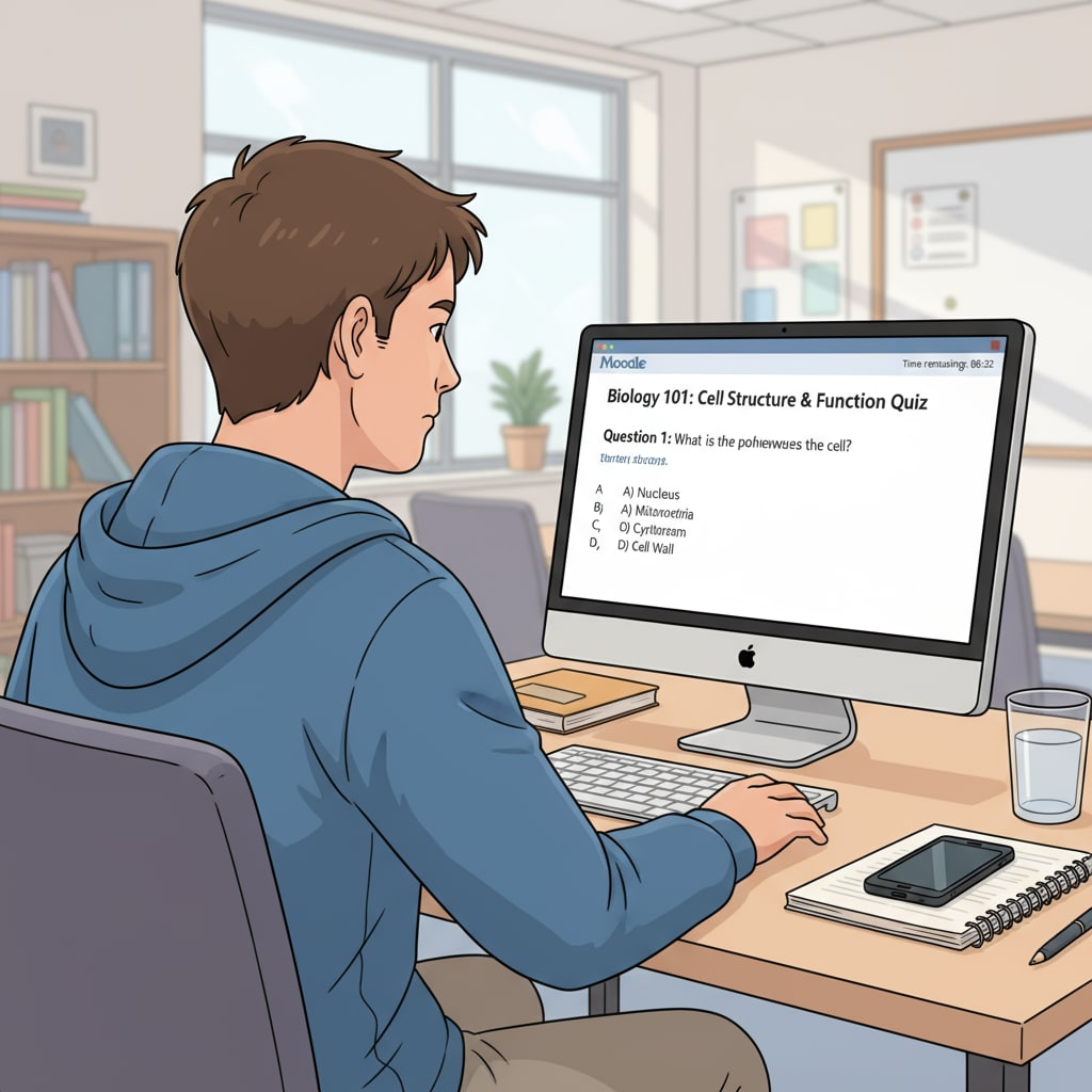 A student is looking at a computer screen with a Moodle quiz open. There is a phone nearby, which could be used to take a screenshot and seek help from ChatGPT. A student potentially using a phone to take a screenshot during a Moodle quiz for ChatGPT assistance