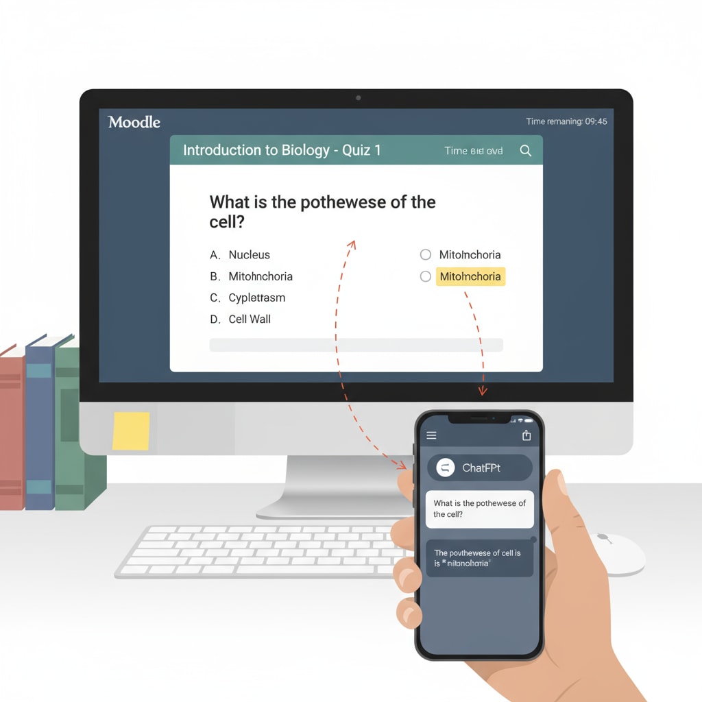 A close - up view of a computer screen showing a Moodle quiz question and a mobile device with the ChatGPT interface open, highlighting the potential for cheating. A visual representation of how a student might use ChatGPT during a Moodle quiz with the help of screenshots