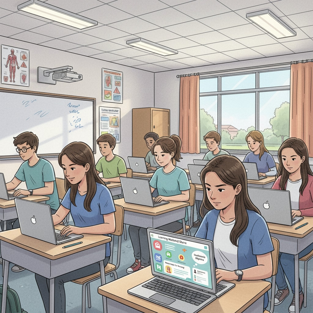 High school students are sitting at desks, using laptops to access a learning method sharing platform. Their expressions show concentration as they read and interact with the content. High school students accessing a learning method sharing platform on laptops