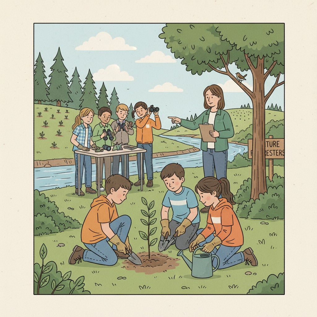 A group of K-12 students are participating in an outdoor activity related to conservation, such as planting trees or studying wildlife. K-12 students engaged in conservation education outdoor activity