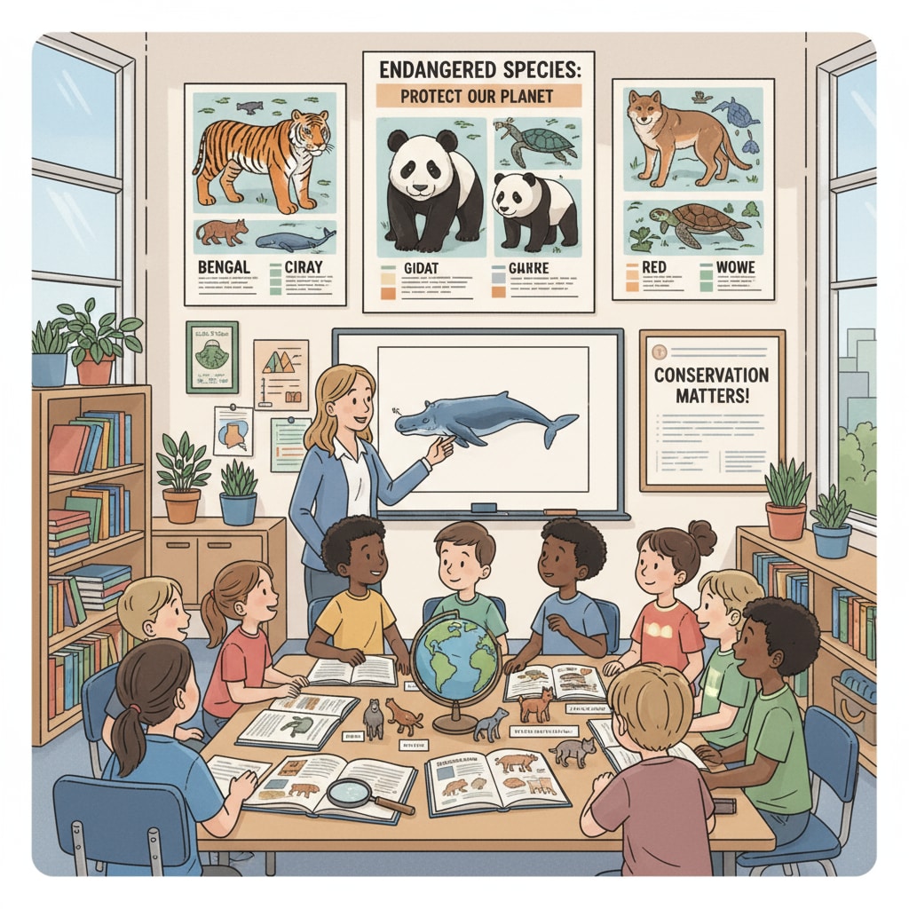 In a K-12 classroom, students are looking at pictures and learning materials about endangered species as part of their conservation education. K-12 students learning about endangered species in a classroom for conservation education