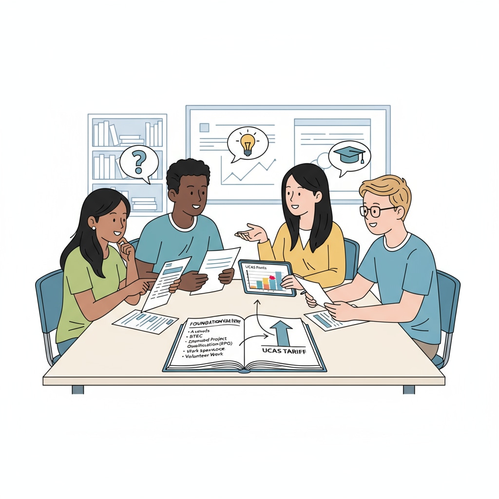 A group of students are sitting around a table, looking at A-Level result sheets and discussing different options to gain UCAS points for foundation year entry. Students discussing A-Level results and UCAS points options for foundation year