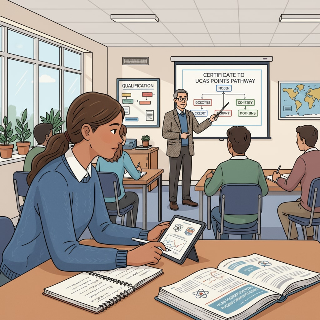 A student is attentively listening to a lecturer in a classroom during a short certificate course, which could help them earn UCAS points for university foundation year. A student attending a short certificate course in a classroom for UCAS points towards foundation year