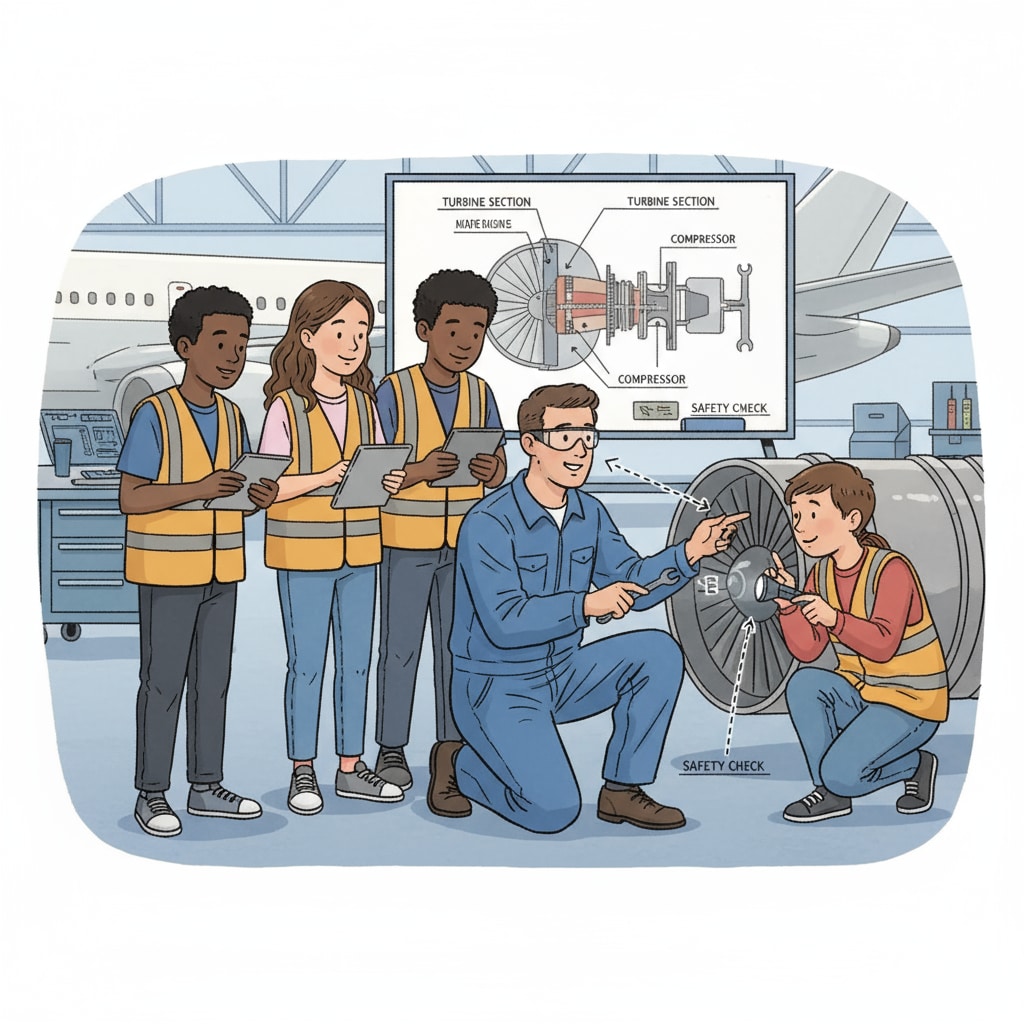 A group of K12 students in an aircraft maintenance internship, carefully observing a mechanic's work K12 students observing aircraft maintenance work for internship, aiming for academic and work balance