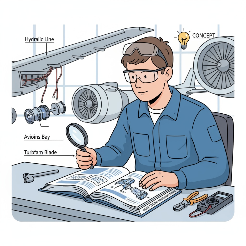 An aircraft maintenance internship student studying a maintenance manual Student in aircraft maintenance internship studying manual to manage workload and balance academics