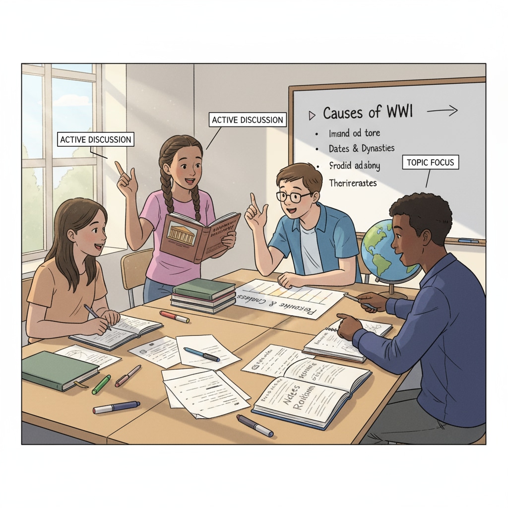 Students are engaged in a lively discussion about historical events in a classroom setting, with textbooks and notes spread out on their desks. A classroom scene of students discussing history, related to teaching profession, college application, and history education