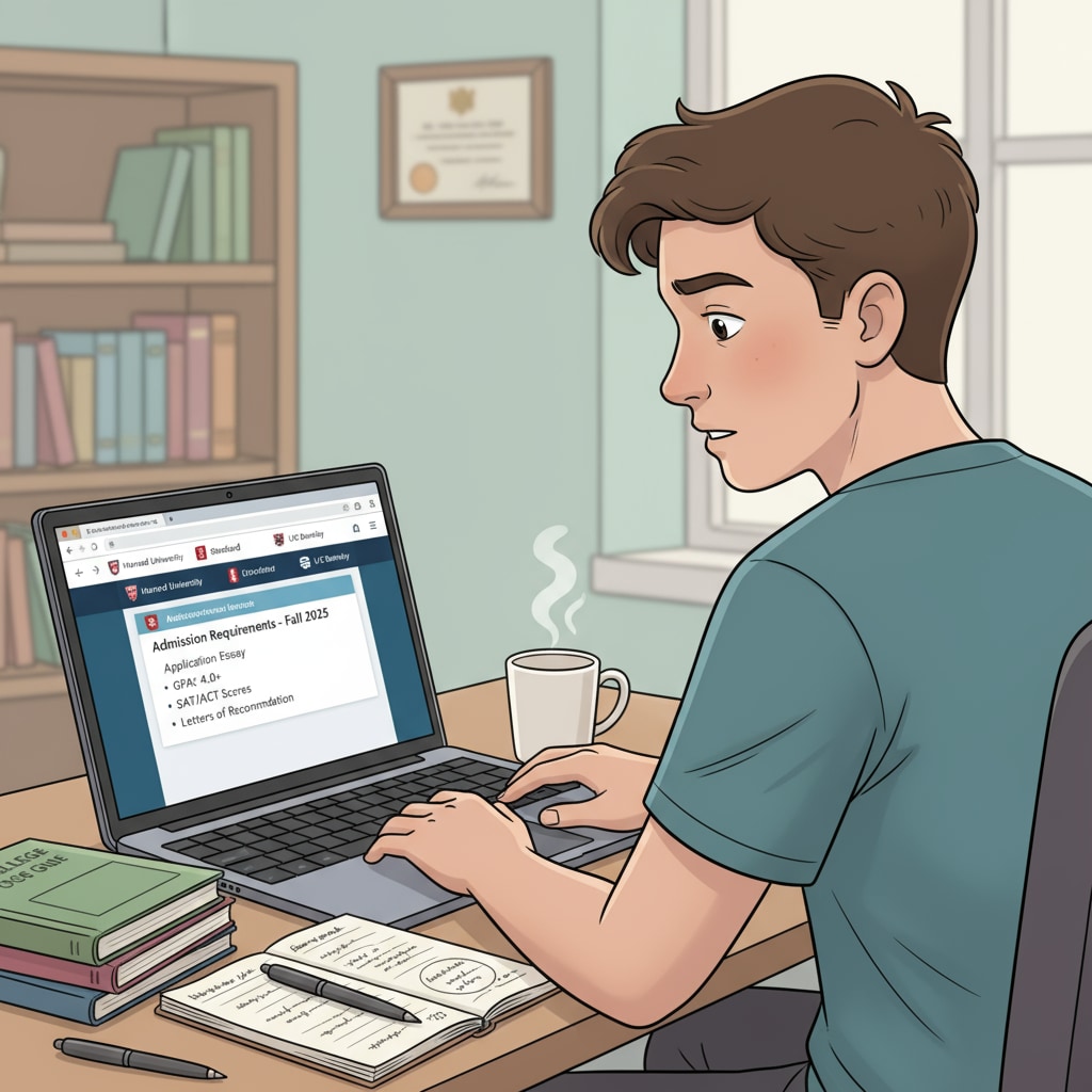 A student is sitting in front of a laptop, intently researching different colleges, with open tabs showing college websites and admission requirements. A student researching colleges, relevant to teaching profession, college application, and history education