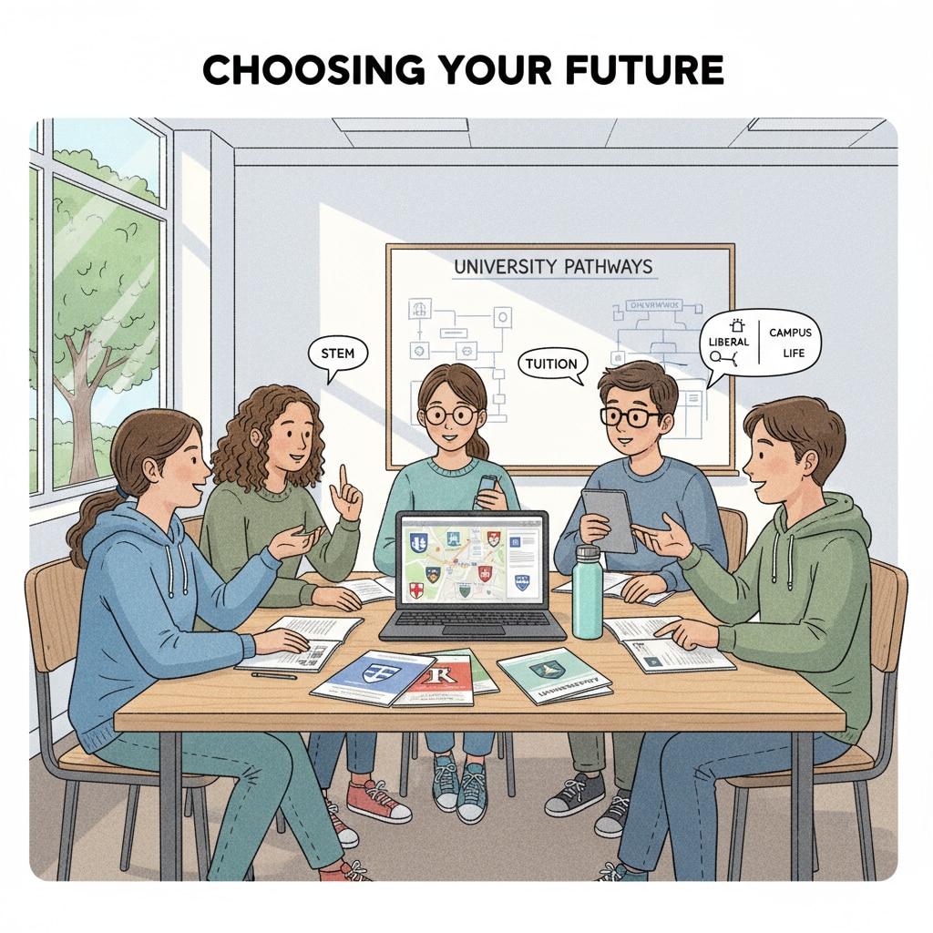 A group of high school students are gathered around a table, discussing different university options, looking at brochures and laptops. High school students discussing university education, major selection, academic success, and career planning