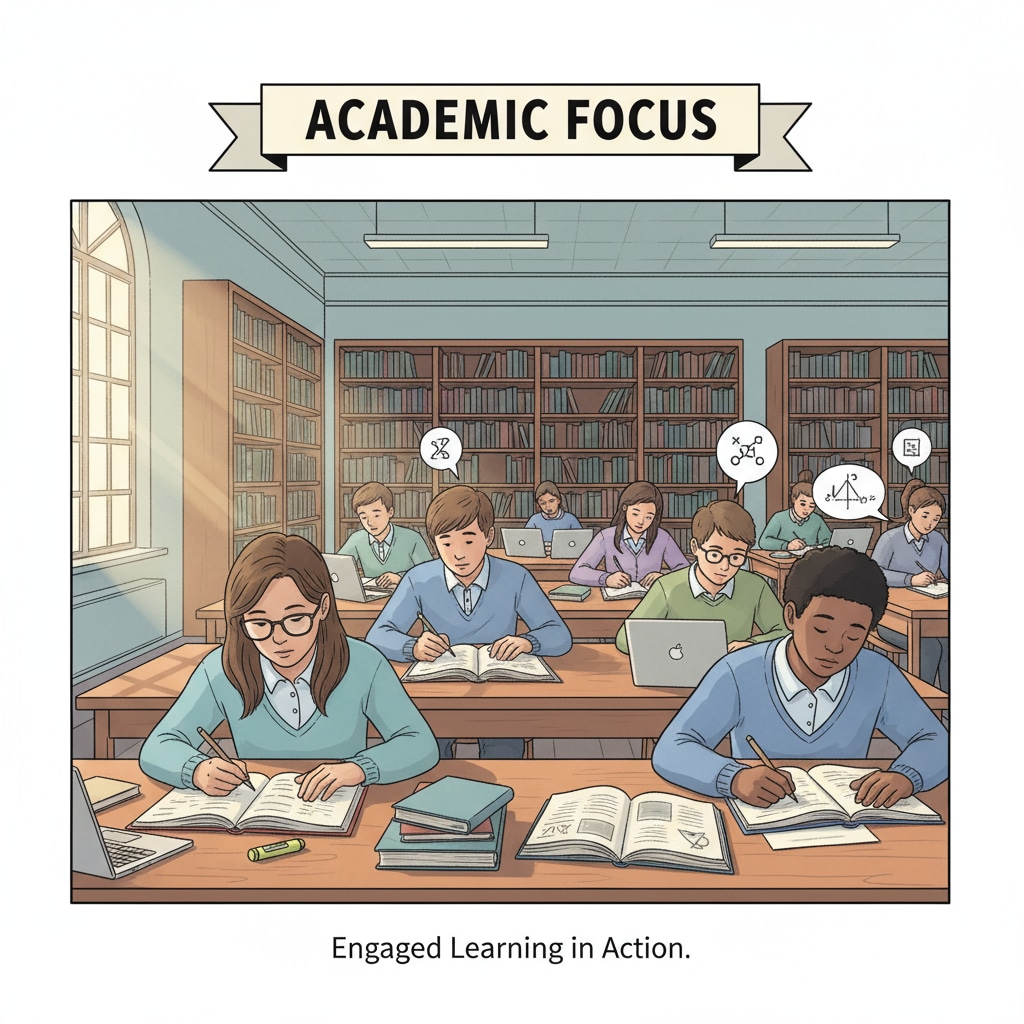High school students are sitting at desks in a library, studying books and taking notes, focused on their academic work. High school students engaged in academic preparation for university related to education, major selection, career planning