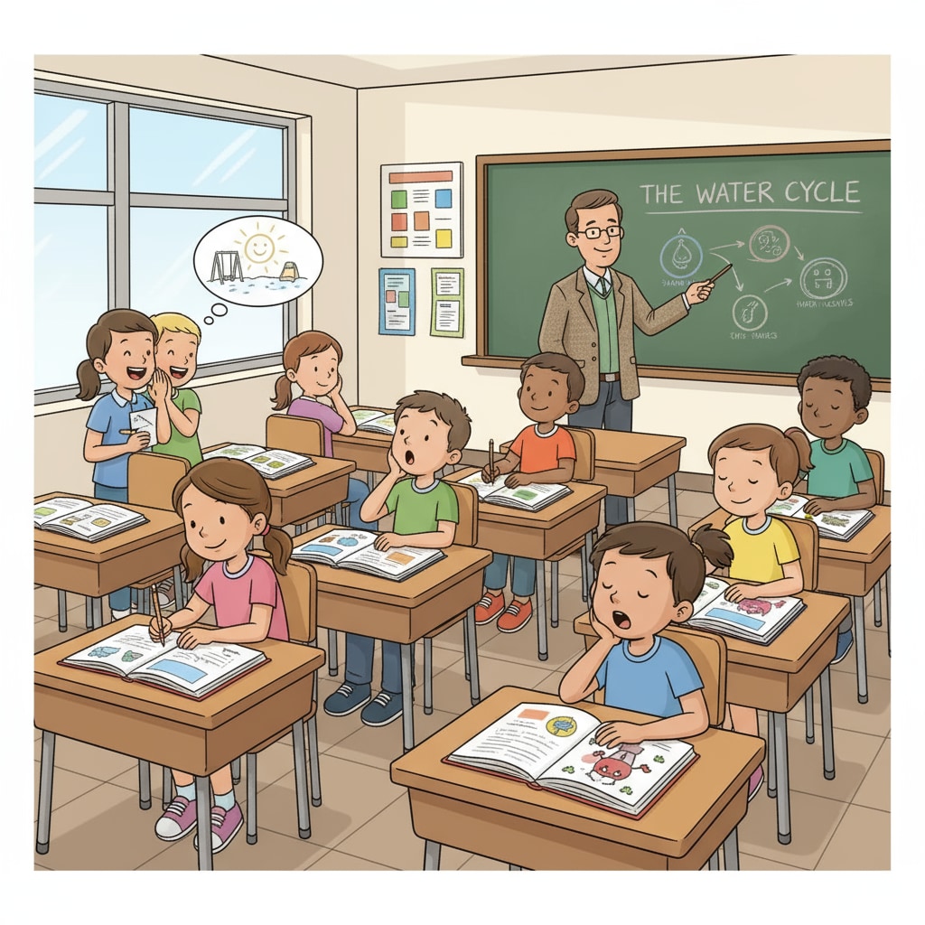 A classroom scene where some students are not paying attention, chatting or daydreaming, indicating their lack of interest in learning. A classroom scene showing students with low motivation, related to education system, student diversion, class management, and teaching quality