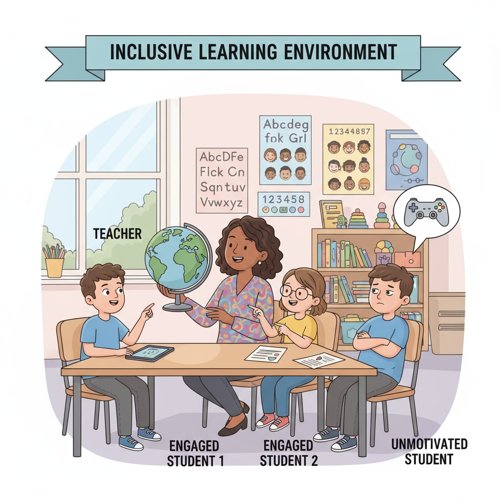A special education classroom with a teacher trying to engage students with special needs, but being disrupted by an unmotivated student. A special education classroom situation highlighting issues related to education system, student diversion, class management, and teaching quality