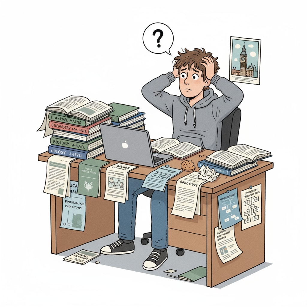A young British student sitting at a desk, looking confused with books and papers related to A-level courses and career options scattered around A confused British student considering A-level courses and career choices