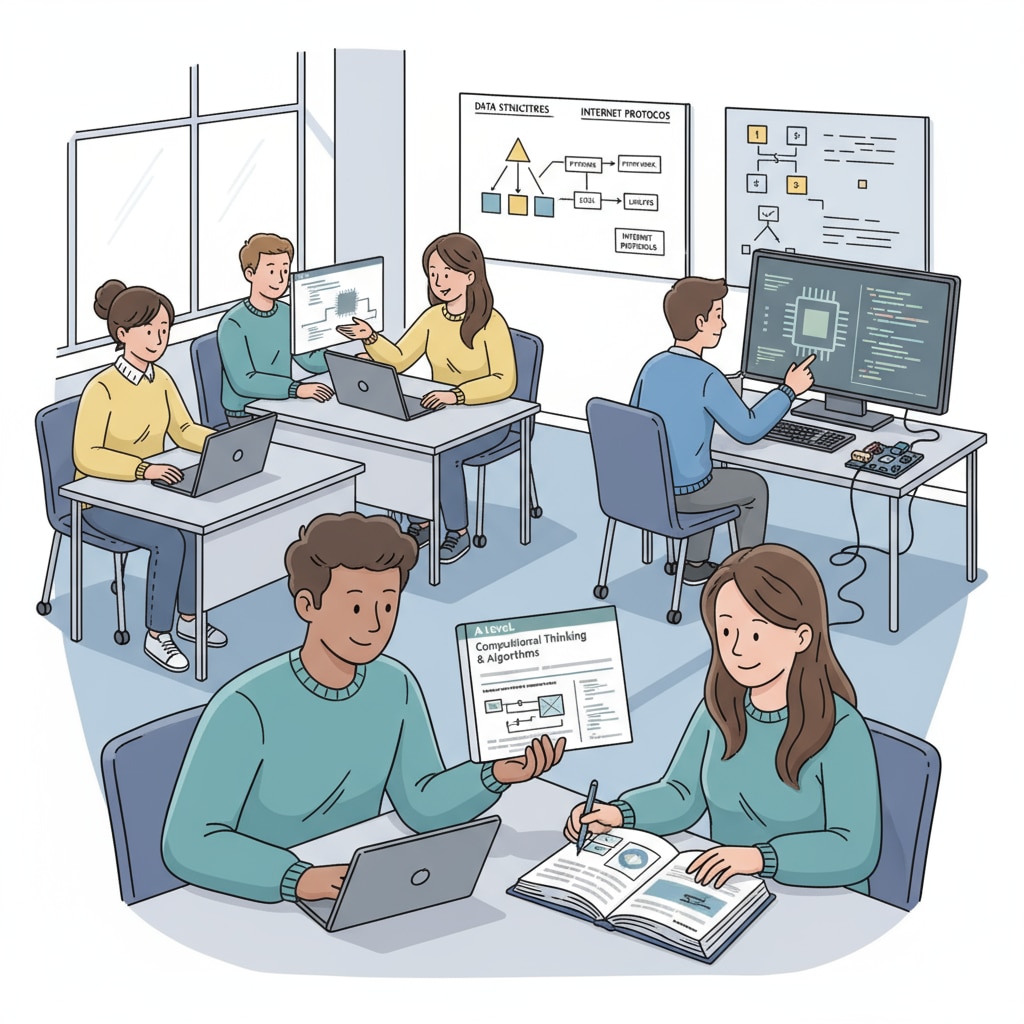 A classroom setting with students studying A-level computer science textbooks and using computers Students studying A-level computer science