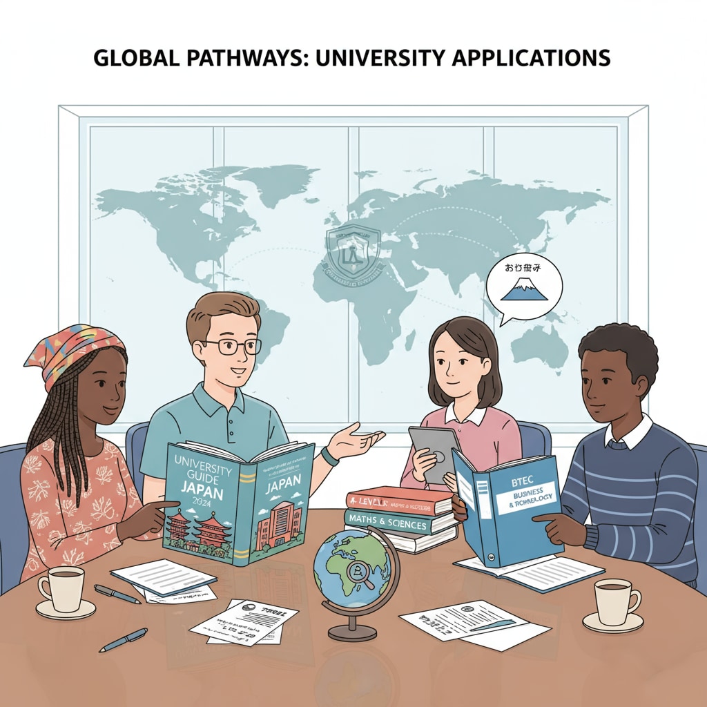A group of students from various countries are engaged in a discussion about university applications. There are books related to Japanese universities, A-Levels, and BTEC qualifications placed on the table, symbolizing their educational pursuits and the choices they are considering. Students discussing Japanese university applications with A-Levels and BTEC qualification books