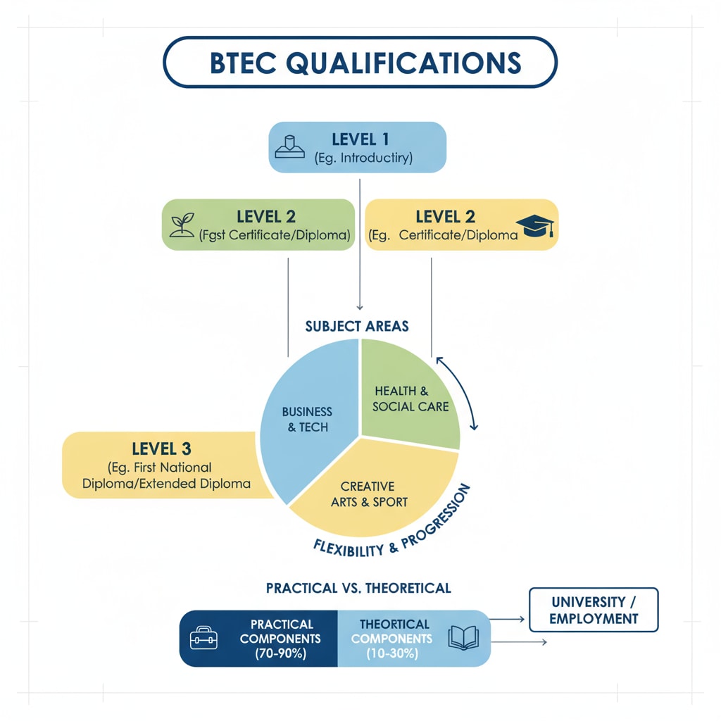A graphic that visually represents the structure of BTEC qualifications, showing the different levels, subject areas, and the balance between practical and theoretical components. Graphic showing the structure of BTEC qualifications for Japanese university applicants