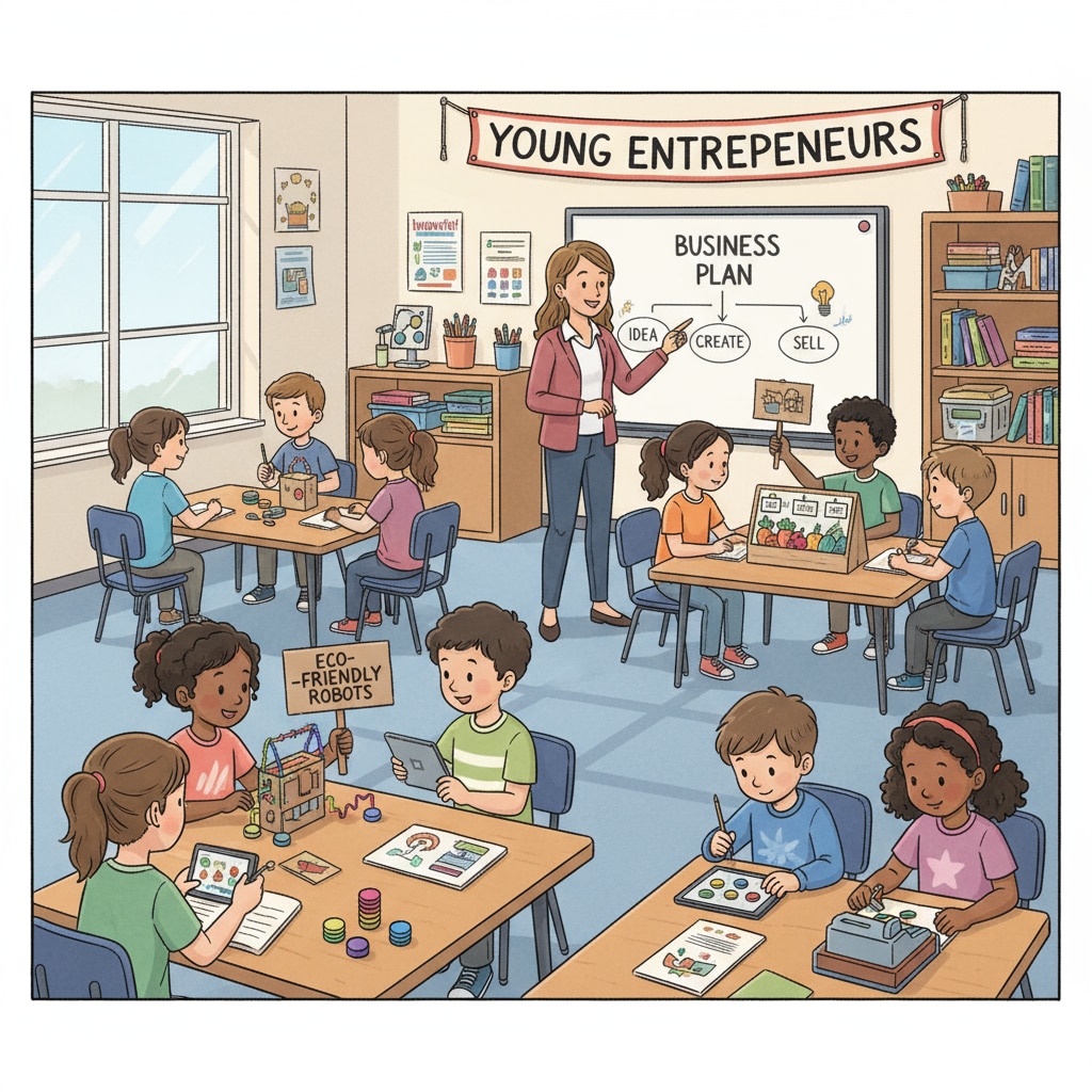 Students are actively involved in hands-on projects in a K-12 classroom, which is a part of entrepreneurial education. K-12 students engaged in practical learning for entrepreneurial education