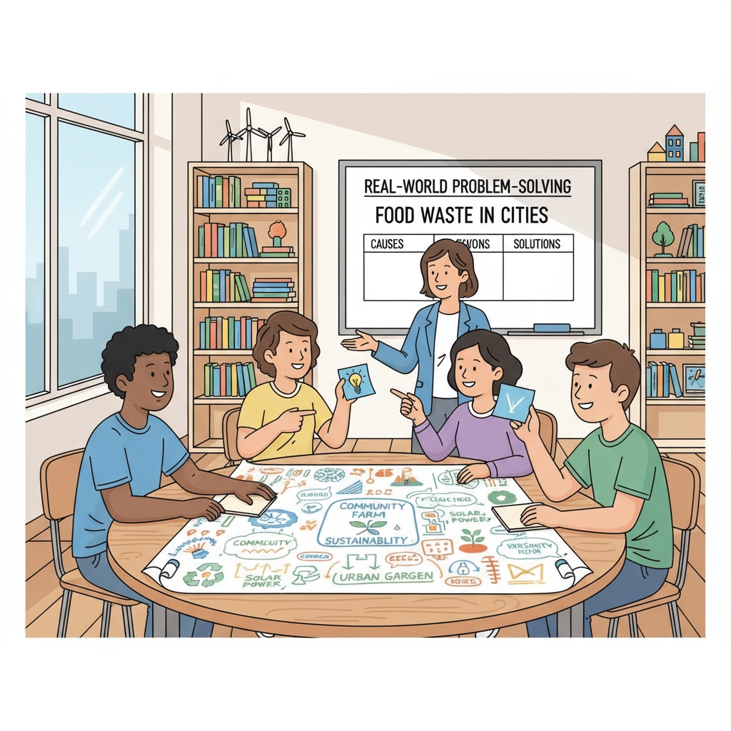 A group of students are brainstorming ideas to solve a real-world problem in an entrepreneurial education class. K-12 students brainstorming in entrepreneurial education for practical learning