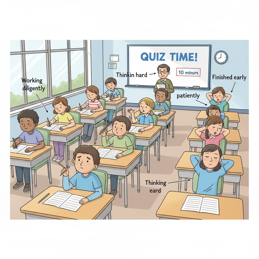 A classroom scene where students are taking a quiz. Some students are still working on their papers while others have already finished, representing the situation of unfinished quizzes. Students taking a quiz with some not completing all questions, related to outliers, test scores, and data analysis in K12 quizzes