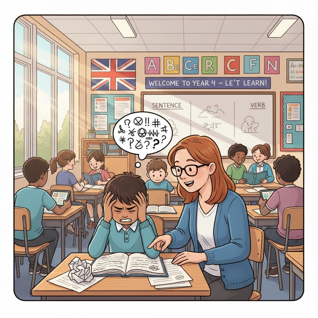 An illustration depicting a student looking frustrated because of difficulty understanding the language in a UK classroom setting. A student facing language barrier in a UK classroom