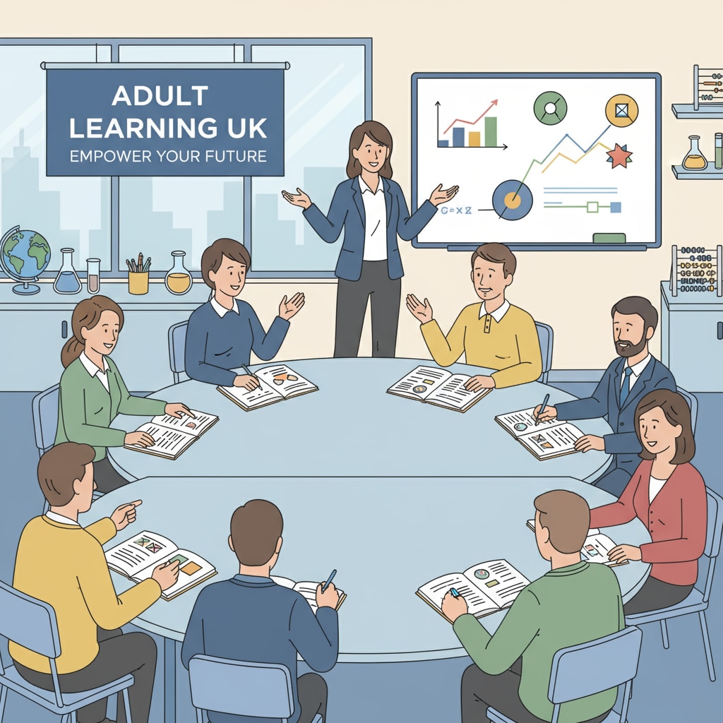 A scene showing a group of adult students actively participating in a class at an adult education center in the UK. Adult students attending a class in a UK adult education center