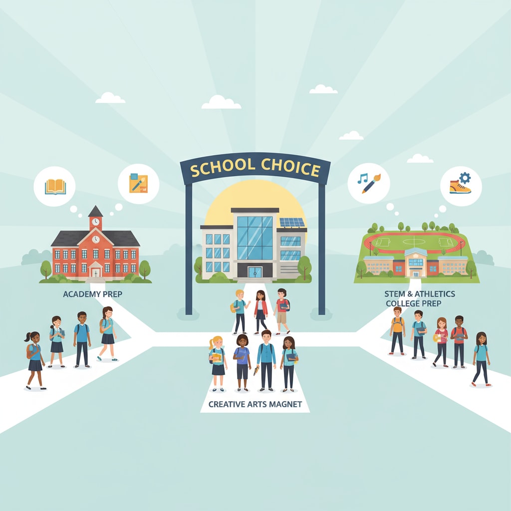 A group of students walking into different schools, representing the concept of school choice. This visual shows how students are dispersing based on school choice options. School choice in action with students going to different educational institutions, from a conservative perspective on education policy