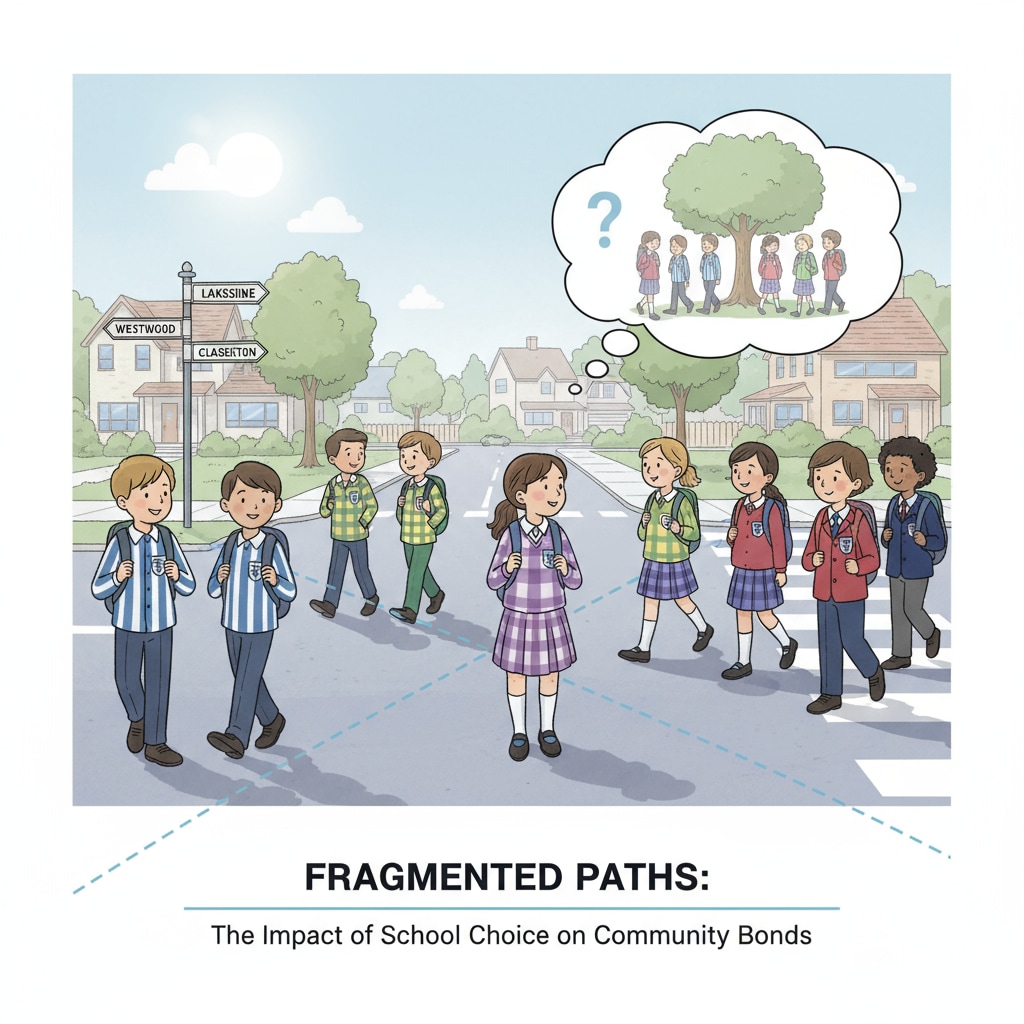 A neighborhood with children from different schools, showing the potential lack of community cohesion due to school choice. The image depicts a neighborhood where children who used to attend the same local school are now going to various schools. Neighborhood with children from different schools, highlighting the impact of school choice on community cohesion in the context of conservative views on education policy