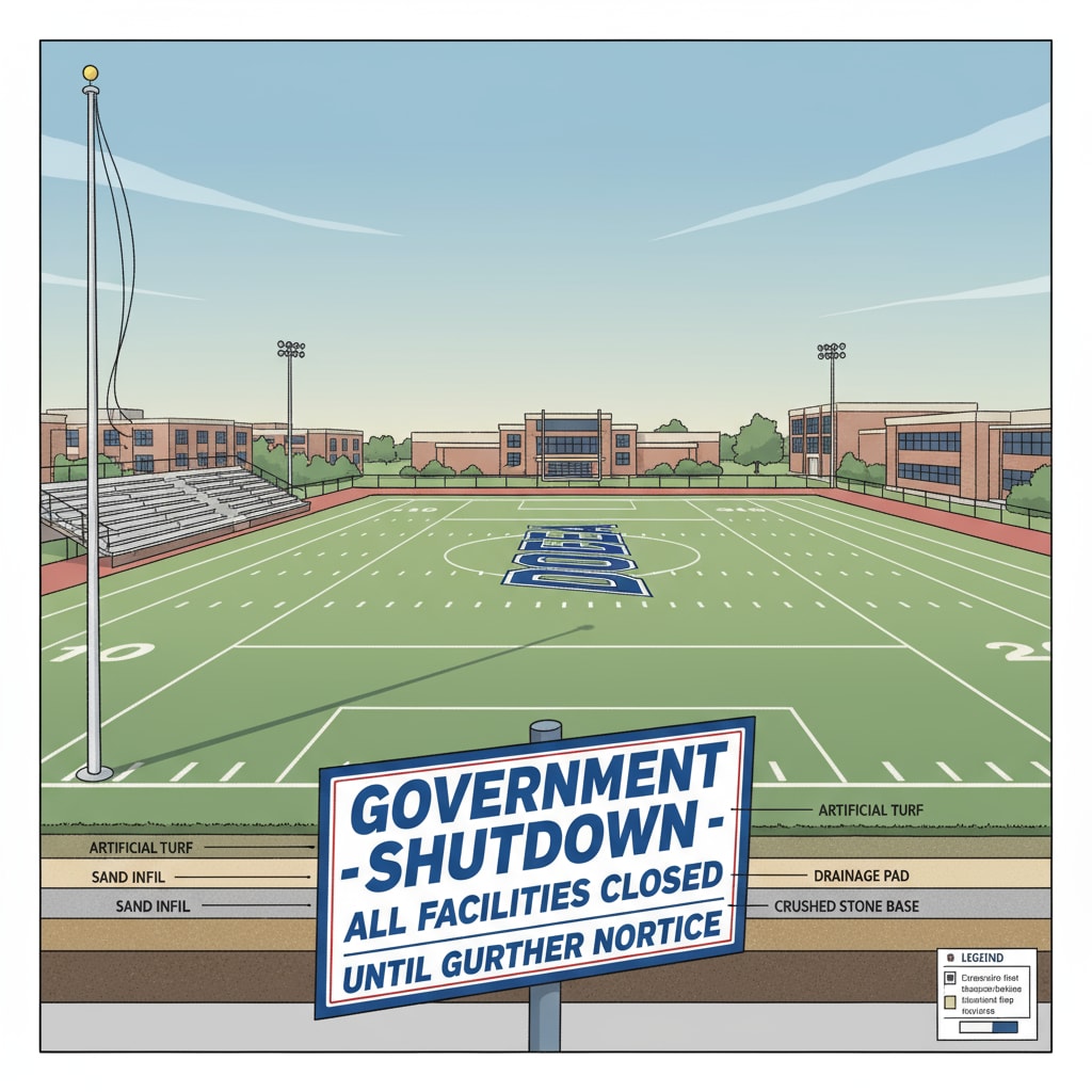 A sports field in a DODEA school that is empty and quiet during the government shutdown, with no signs of the usual sports activities. An empty sports field in a DODEA school due to government shutdown affecting military children's sports activities