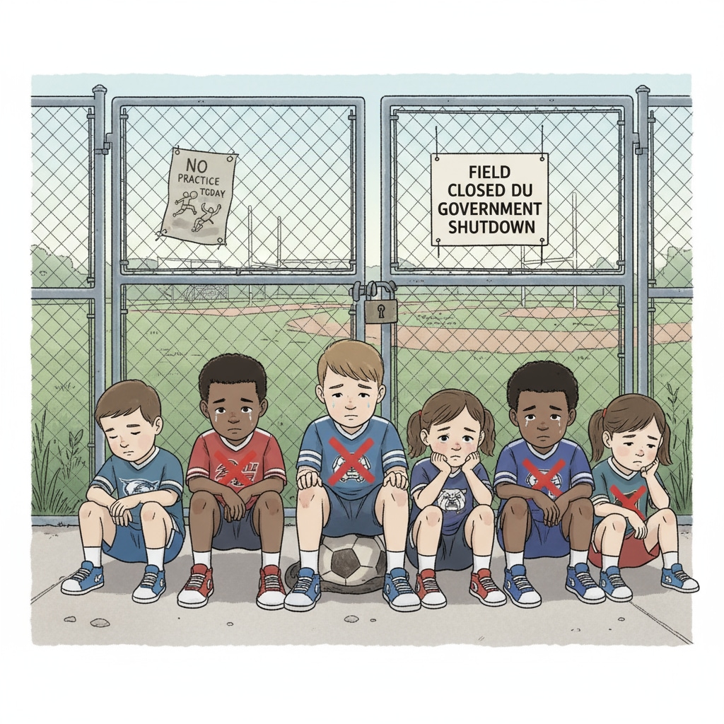 A group of military children looking sad and disappointed as they are unable to participate in their regular sports activities because of the government shutdown. Disappointed military children missing out on sports activities due to government shutdown in DODEA schools