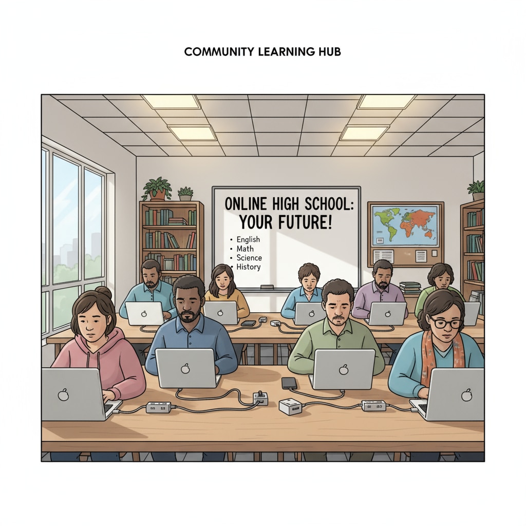 A group of low-income adults are sitting in a shared community space, each with a laptop, focused on their online high school courses. Low-income adults studying online high school in a shared space
