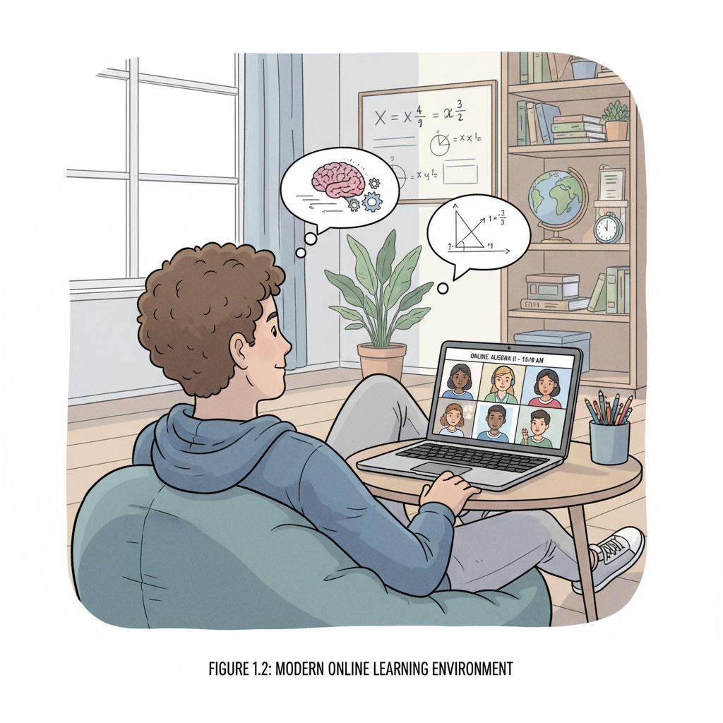 A person is sitting comfortably in a room, with a laptop open in front of them, engaged in an online high school class. Person studying online high school in a cozy room