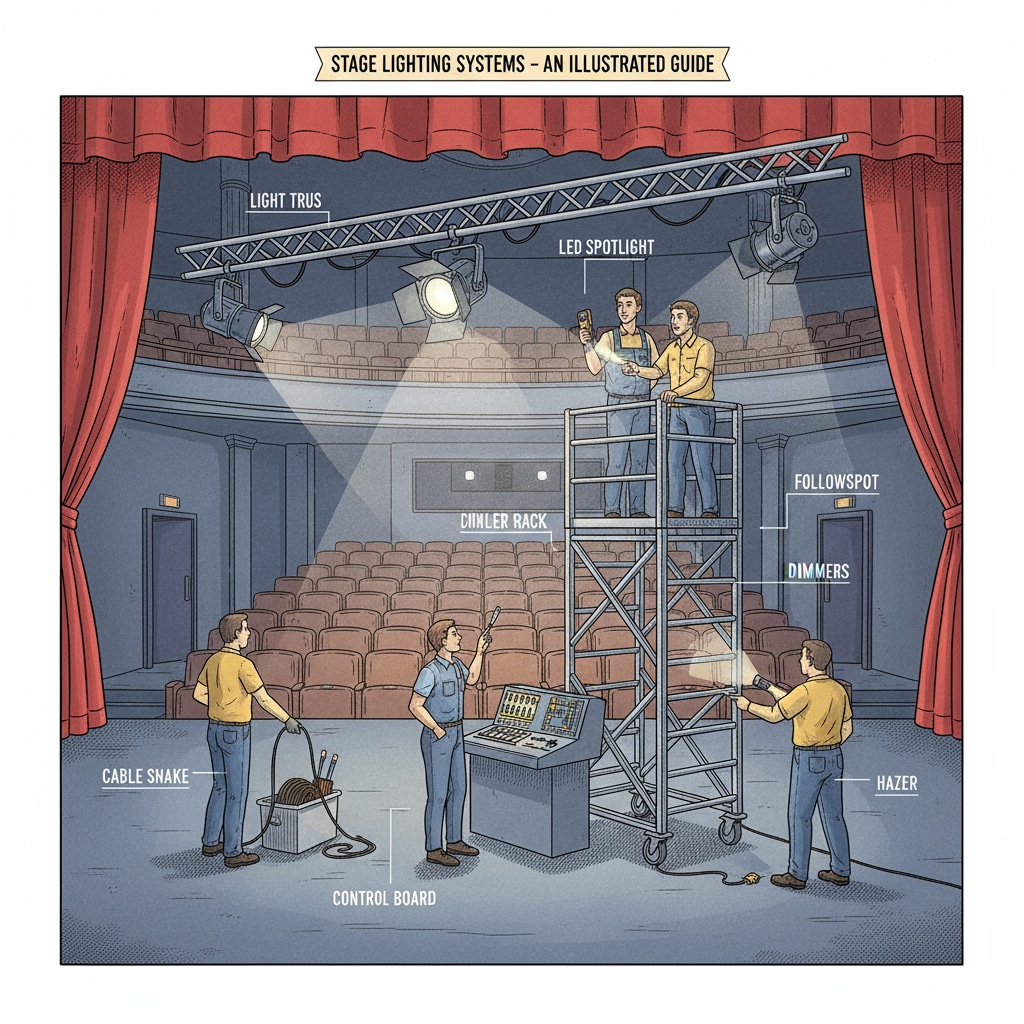A group of technicians in a school theater, checking lighting equipment School district technical team members checking lighting equipment for performance technical services and theater maintenance