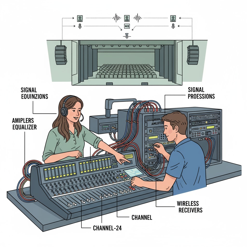 Technicians working on a soundboard in a school auditorium Technicians performing soundboard operations as part of performance technical services and theater maintenance in a school auditorium
