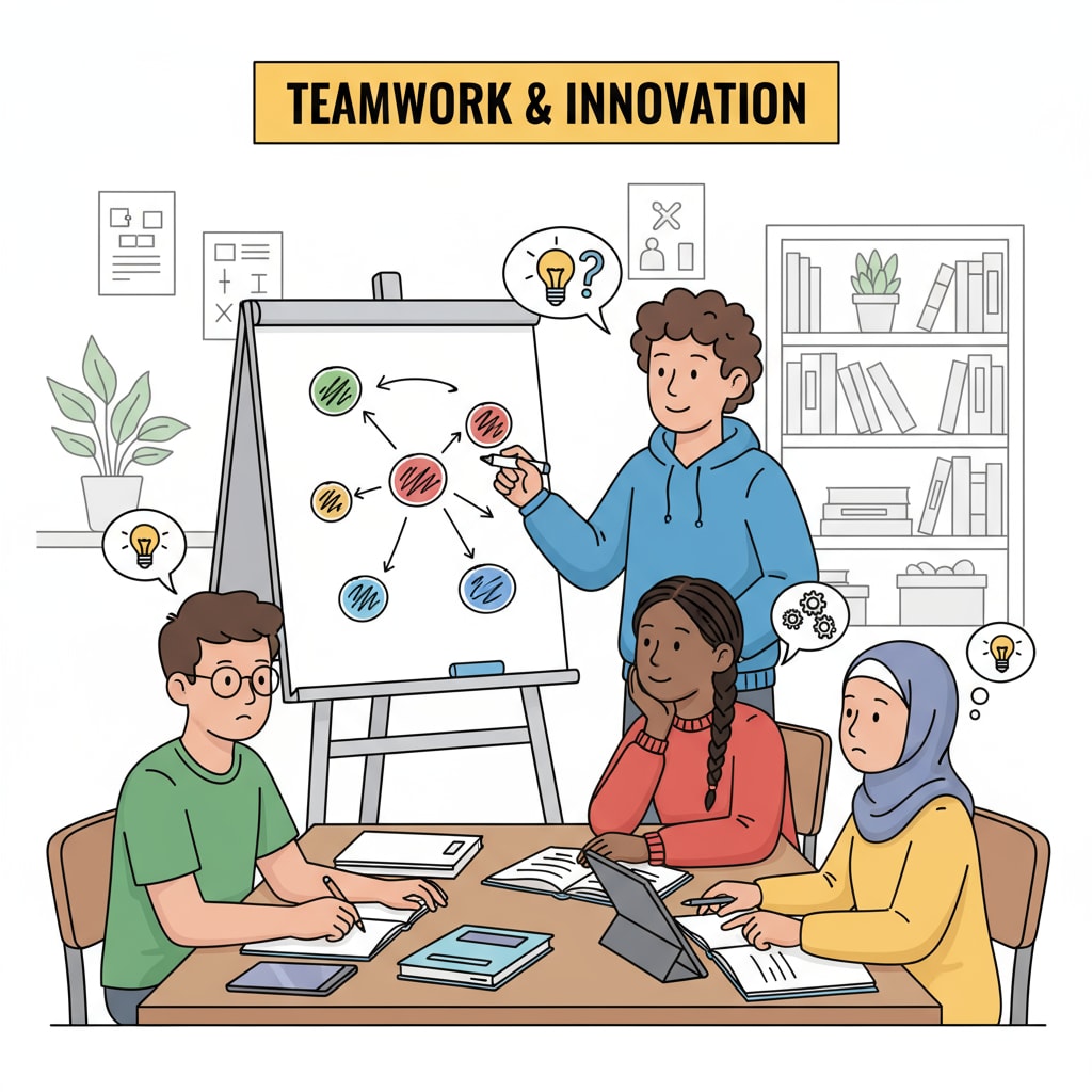 A group of students collaborating on a project, with one student presenting an idea while others listen attentively. Students engaged in project-based learning, an alternative to traditional homework, enhancing teaching strategies and student engagement.