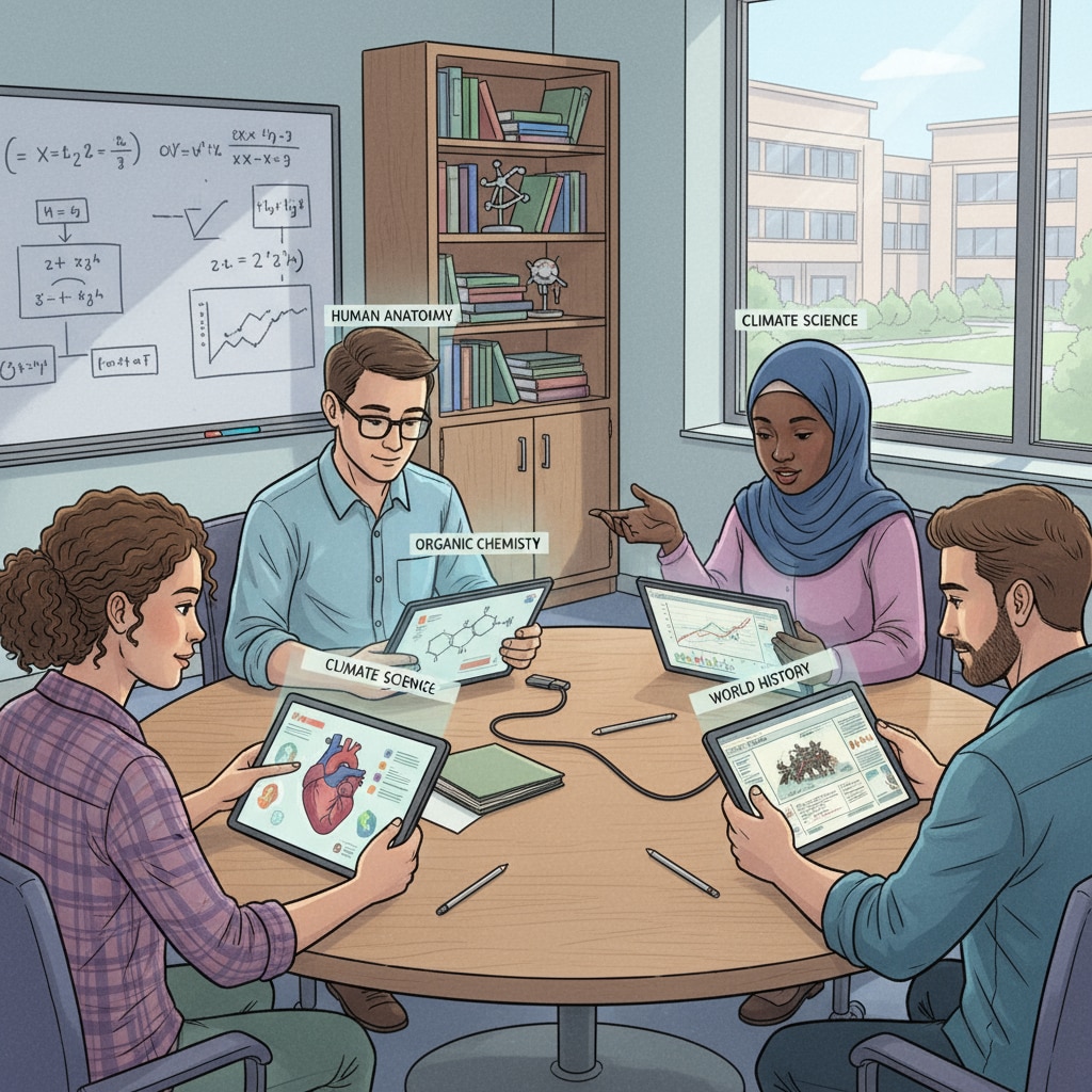 Students sitting around a table, using tablets to participate in digital learning activities. Students using digital devices for interactive learning, an innovative homework alternative related to teaching strategies and student engagement.