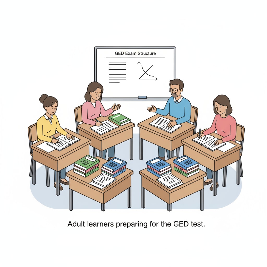 A group of students are sitting at desks, studying materials related to GED exams. There are books and papers scattered on the desks, and they are concentrating on their studies. Students preparing for GED exams, which is relevant to depressed teens seeking career prospects.