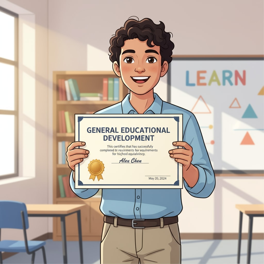 A young student is smiling brightly while holding a GED certificate in their hands. The certificate is clearly visible, and the student looks proud. A student with a GED certificate, representing the potential for better career prospects for depressed teens.