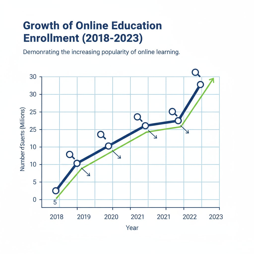 A line graph depicts the upward trend of the number of students enrolling in online education over several years, demonstrating the growth of this educational mode. Graph showing growth of online education for high school diploma and career security