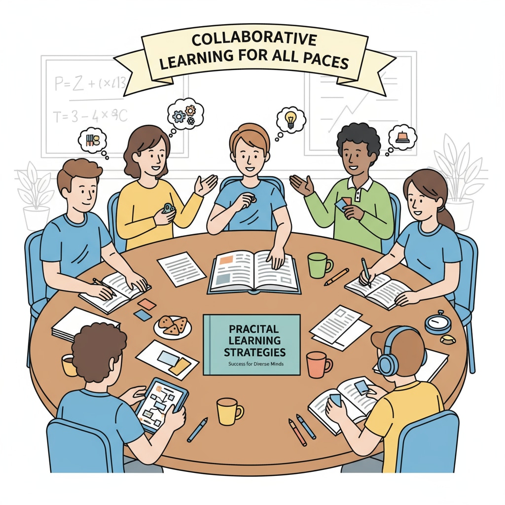 A group of students with different learning paces are gathered around a table, discussing exam questions. Some are jotting down notes, and others are sharing their thoughts, demonstrating the practical learning approach for attention deficit students. Students with attention deficits engaged in practical learning by discussing exam questions