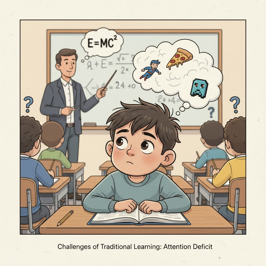 A single student is sitting in a classroom during a lecture. Their eyes are wandering, and they seem unfocused, highlighting the challenges of traditional learning for attention deficit students. A student with attention deficit showing signs of distraction during a lecture