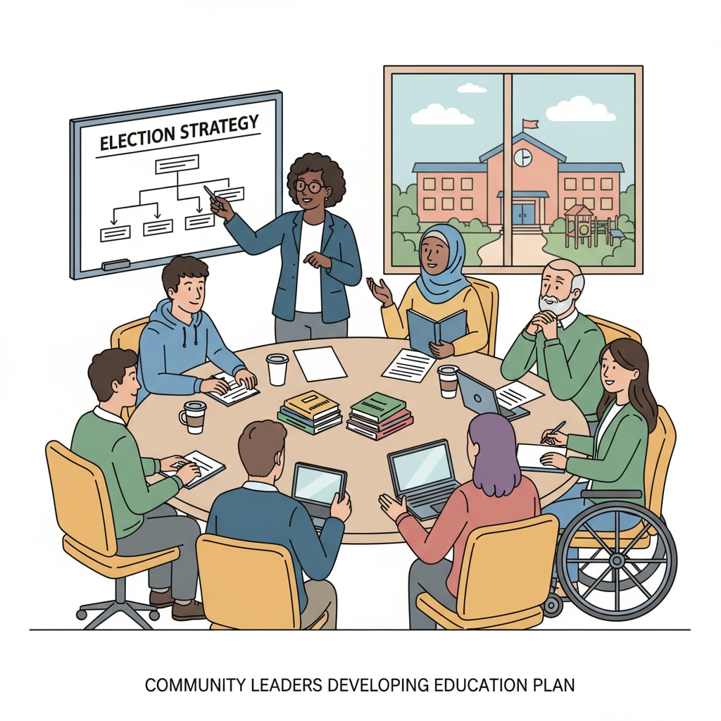 A group of LGBTQ+ individuals sitting around a table, discussing strategies for school board elections. LGBTQ+ individuals discussing school board election strategies