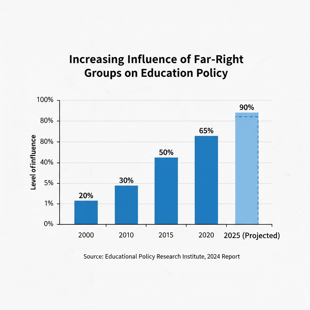 A bar graph showing the increasing influence of far - right groups on education policies over the years. A graph showing the increase in far - right influence on education policies
