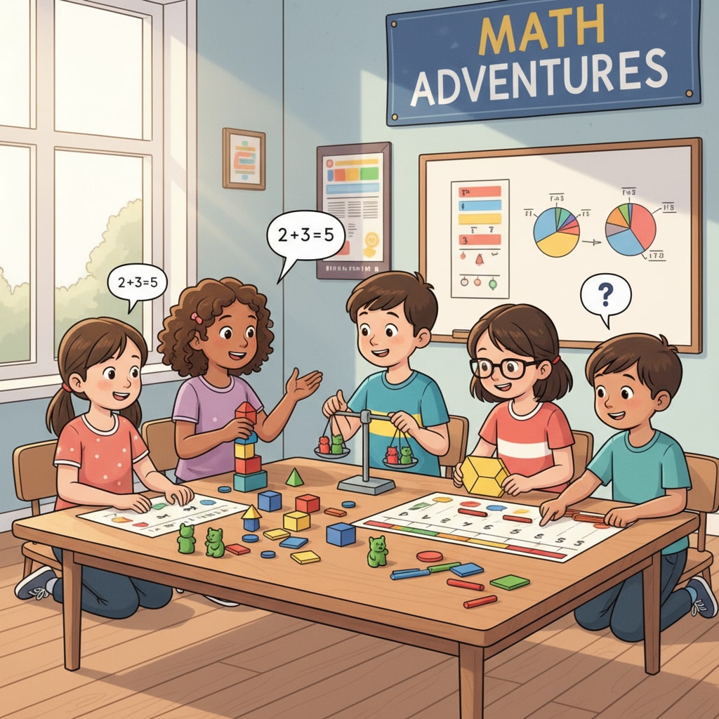 A group of children actively participating in a math learning activity, using colorful manipulatives to understand mathematical concepts. Children engaged in math learning activity with manipulatives to overcome math difficulties