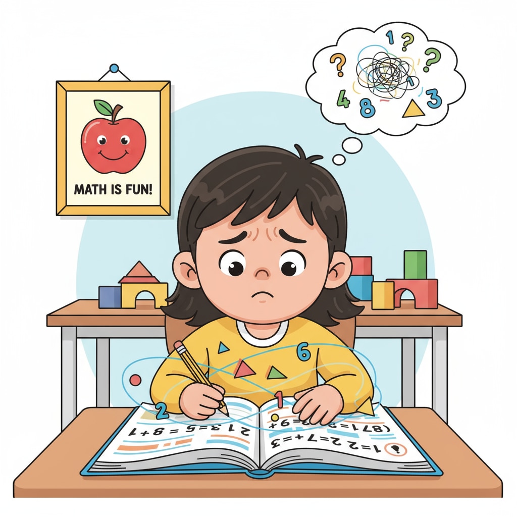 A young child looking at a math workbook with a confused expression, indicating possible math difficulties. Child showing signs of math difficulties while looking at a math workbook