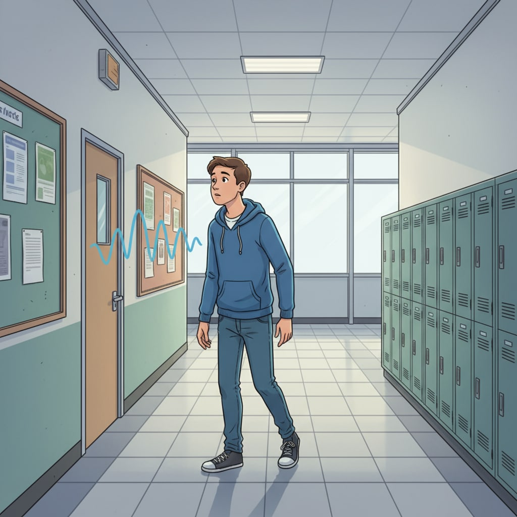 A person is walking in a school corridor. They have a puzzled expression on their face as they hear a sound coming from somewhere. A person in a school corridor reacting to a sound that might be misinterpreted as crying